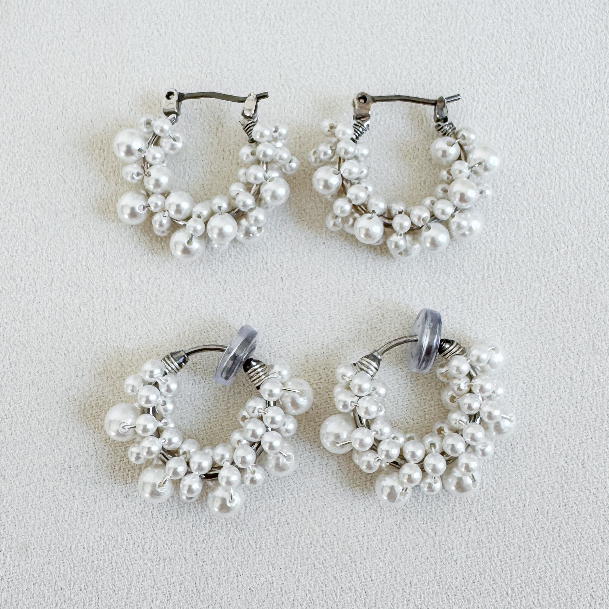 【国産貝パール】フープピアス/イヤリング＆ロングネックレスセット100cm〈シルバー〉